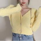 V-neck Knit Cropped Cardigan Yellow - One Size