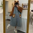 Ear Accent Hooded Fleece Long Robe Brown & Blue - One Size