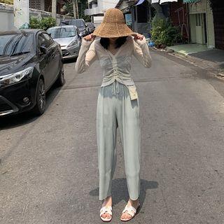 Long-sleeve Drawstring Knit Top / Cropped Wide-leg Pants