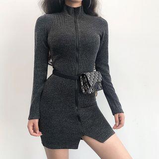 Plain Mock-neck Long-sleeve Mini Dress