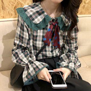 Set: Bell-sleeve Plaid Blouse + Neckerchief