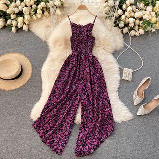 Spaghetti Strap Shirred Floral Print Wide Leg Jumpsuit