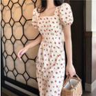 Cherry Print Puff-sleeve Slim-fit Dress