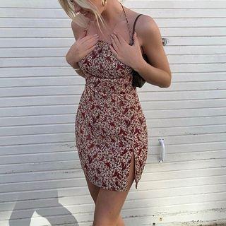 Halter-neck Spaghetti Strap Floral Print Mini Dress
