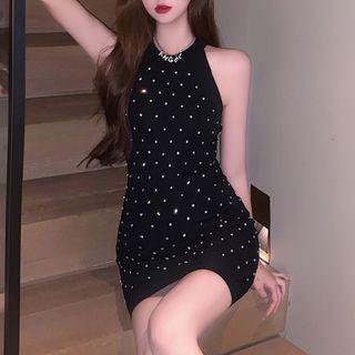 Halter-neck Rhinestone Knit Dress
