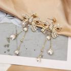 Faux Pearl Bow Fringed Earring 1 Pair - 925 Silver Needle - Gold - One Size
