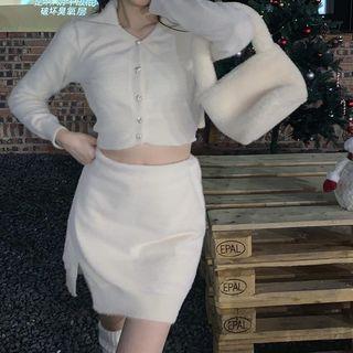 Set: Collared Cropped Cardigan + High Waist Mini Pencil Skirt Set Of 2 - Cardigan & Skirt - White - One Size