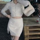 Set: Collared Cropped Cardigan + High Waist Mini Pencil Skirt Set Of 2 - Cardigan & Skirt - White - One Size