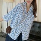 Elbow-sleeve Floral Blouse White & Blue - One Size