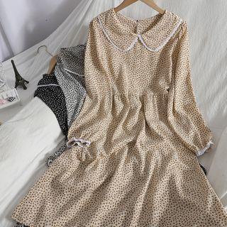 Long-sleeve Floral Print Collared Midi A-line Dress