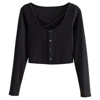 Cropped Crisscross Long-sleeve Buttoned T-shirt