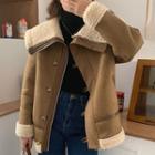 Long Sleeve Collared Fleece Cropped Jacket Khaki - One Size