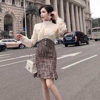 Mock Two-piece Long-sleeve Mini Tweed Dress