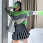 Color Block Long-sleeve Sweater / Pleated A-line Skirt