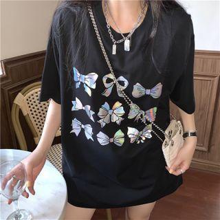 Short-sleeve Bow Printed Top