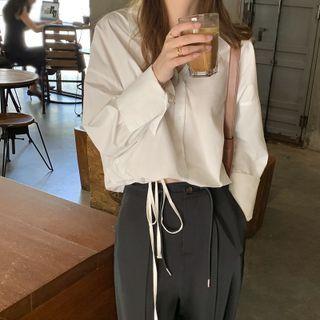 Long-sleeve Lapel Cropped Plain Lace-up Shirt