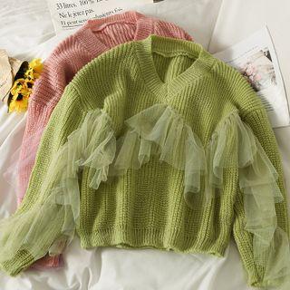 Mesh Ruffle-trim V-neck Sweater