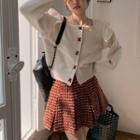 Square-neck Ruffle Trim Cardigan / Pleated Mini A-line Skirt