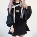 Lettering Balloon-sleeve Pullover Dress With Striped Scarf