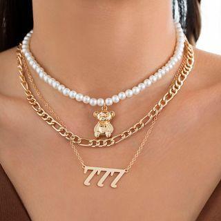Set: Numerical Pendant Alloy Necklace + Bear Pendant Faux Pearl Choker