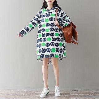 Cat Patterned Hooded Pullover Dress