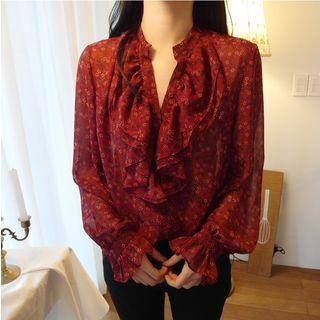 V-neck Floral Ruffle Trim Blouse