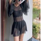 Elbow-sleeve Ruffled Mesh Swimsuit