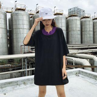 Color Block Elbow-sleeve Long T-shirt