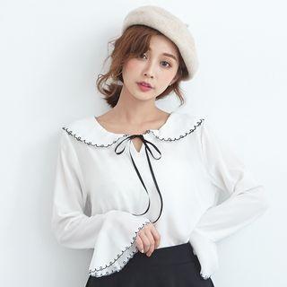 Peter Pan Collar Contrast Trim Lace Up Blouse