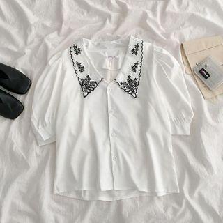 Short-sleeve Peter Pan Collar Floral Embroidered Blouse