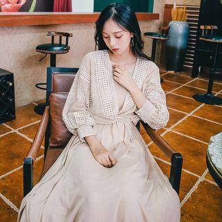 Balloon-sleeve Perforated Open-front Jacket Beige - One Size