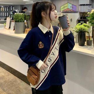 Contrast Color Lettering Long-sleeve Polo Shirt