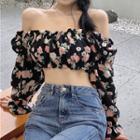Off-shoulder Floral Chiffon Cropped Top Black - One Size
