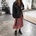 Zip Biker Jacket / Long-sleeve Floral Print A-line Midi Dress