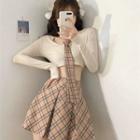 Long-sleeve T-shirt / Plaid Mini A-line Skirt / Tie / Set