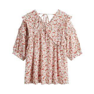 Ruffle Collar Floral Print Short Sleeve Blouse