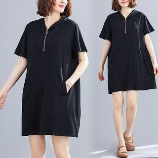 Half-zip Short-sleeve Mini Hoodie Dress