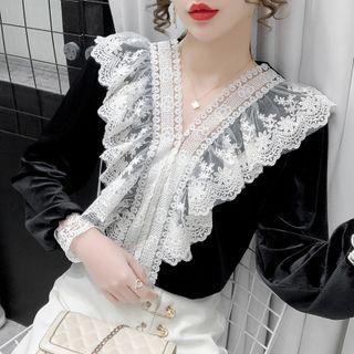 V-neck Lace Ruffled Velvet Blouse