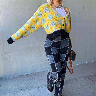 Plaid Fleece V-neck Cropped Cardigan