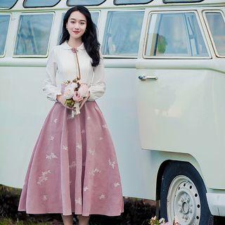 Long-sleeve Floral Pattern Midi A-line Dress