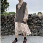 V-neck Knit Vest / Long-sleeve Floral Print Midi Chiffon Dress