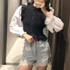 Long-sleeve Two-tone Shirred Frill Trim Crop Top