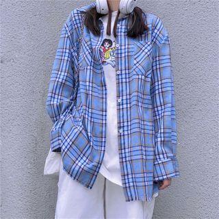 Front Pocket Plaid Button-down Shirt Blue - One Size