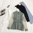 Mesh Panel Tie-waist Long-sleeve Shirt