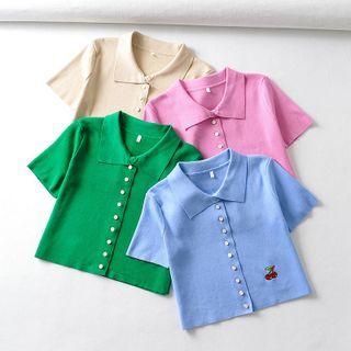 Short Sleeve Cherry Embroidered Crop Shirt