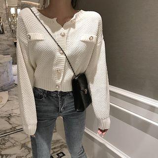 Long-sleeve Single-breast Open-knit Cardigan White - One Size