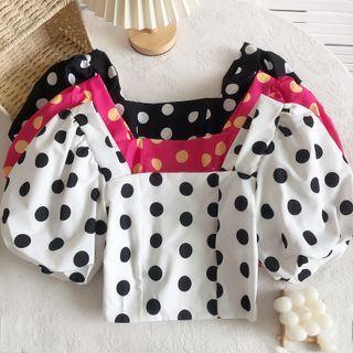 Puff-sleeve Square Neck Dotted Crop Top