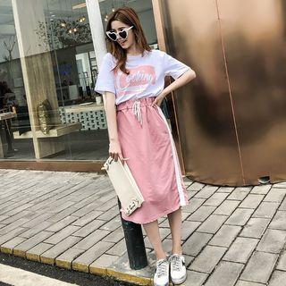 Set: Short-sleeve Lettering T-shirt + Drawstring Waist A-line Skirt