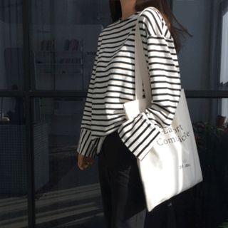 Crew-neck Slit-cuff Stripe T-shirt