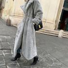 Notch-lapel Eco Fur Coat & Sash Gray - One Size